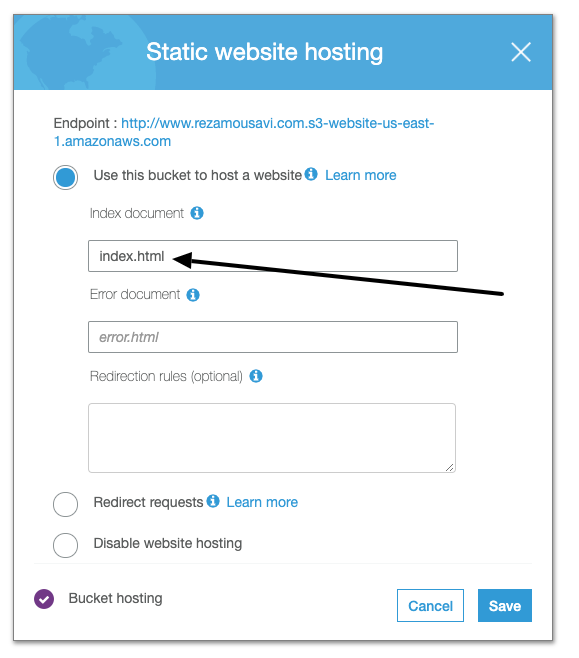 Add index.html in S3 "Static website hosting"
