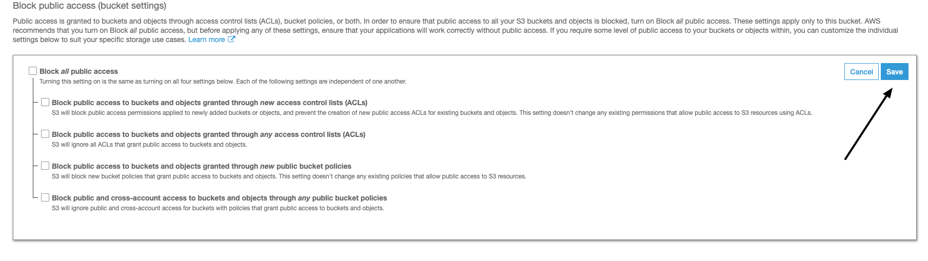 S3 bucket disable "Block public access"